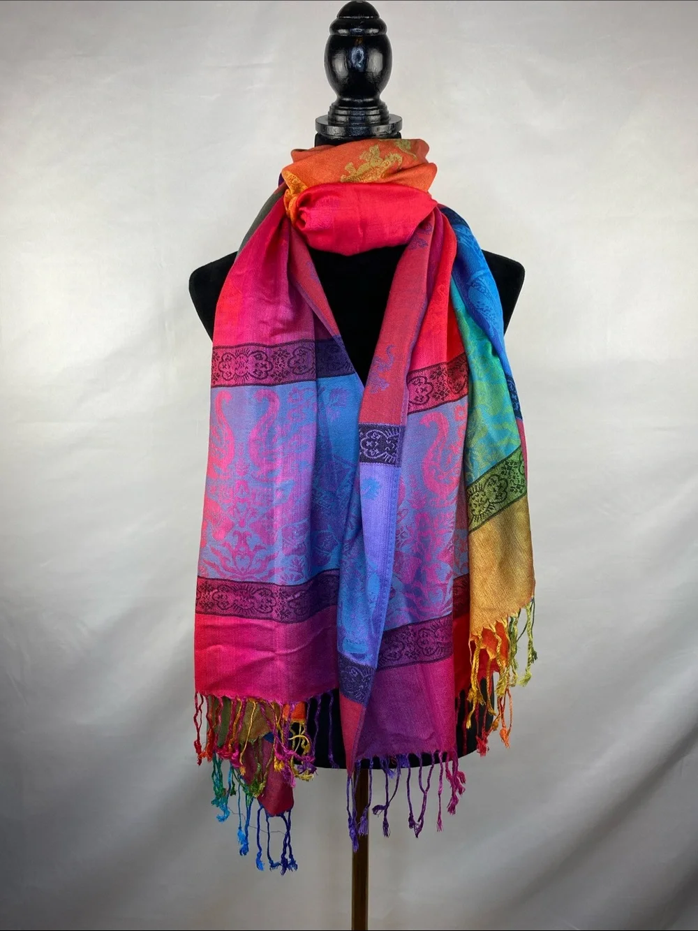 NWOT Pashmina Colorful Rainbow Elephant Print Classic Fringe Scarf 80”X 28”